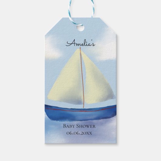 Little Blue Sail Boat Baby shower Cadeaulabel (Voorkant)