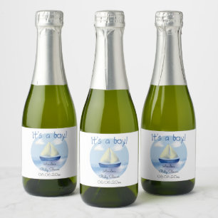 Little Blue Sailboat Boys Baby shower Sparkling Wijnetiket