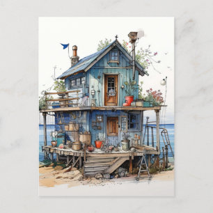 Little Blue Seaside Shack Art Briefkaart