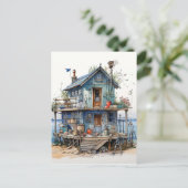 Little Blue Seaside Shack Art Briefkaart (Staand voorkant)