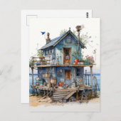 Little Blue Seaside Shack Art Briefkaart (Voorkant / Achterkant)