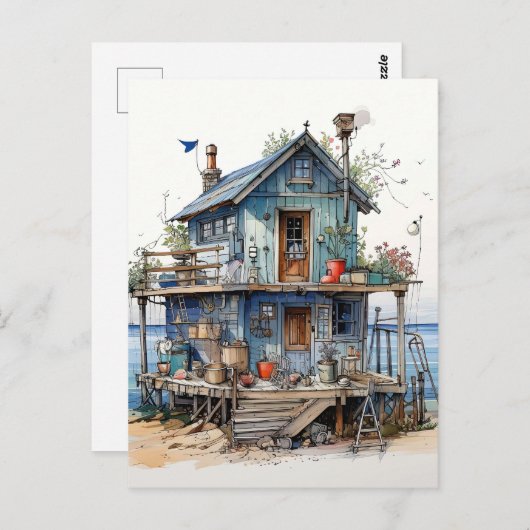Little Blue Seaside Shack Art Briefkaart (Voorkant / Achterkant)
