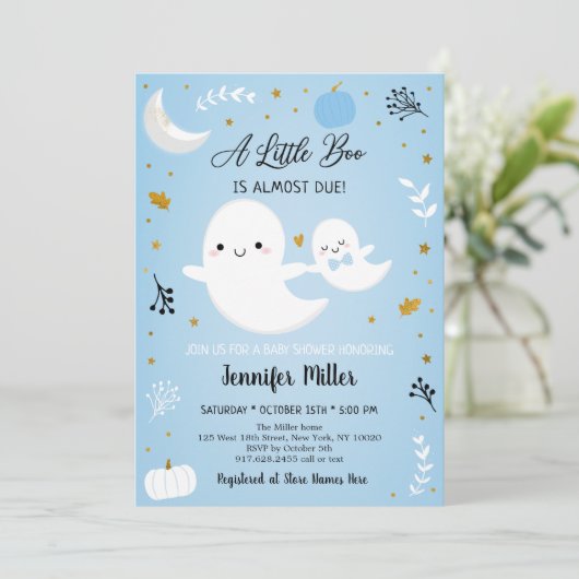 Little Boo Blue Ghost Pumpkin Baby shower Kaart (Staand voorkant)