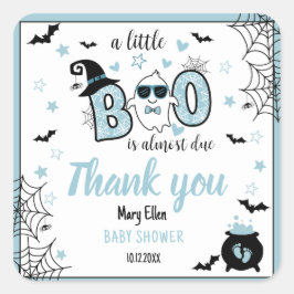 LITTLE BOO BLUE HALLOWEEN BABY SHOWER DANK U VIERKANTE STICKER