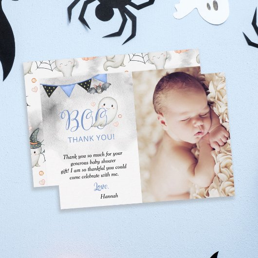 Little Boo Blue Halloween Ghost Baby shower Foto Bedankkaart
