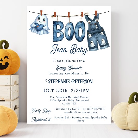 Little Boo Blue Jean Boy Halloween Baby shower Kaart
