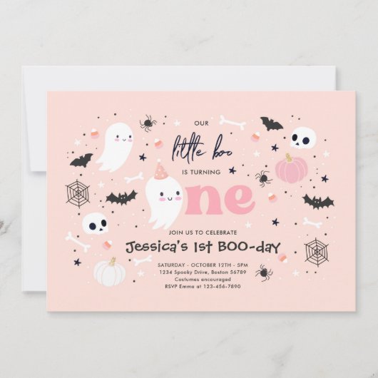 Little Boo Cute Pink Ghost Halloween 1e verjaardag Kaart (Voorkant)
