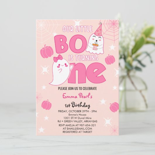 Little Boo draait een Halloween First Birthday Kaart (Staand voorkant)