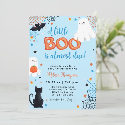 Little Boo Ghost Boy Halloween Baby shower Kaart (Staand voorkant)