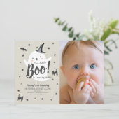 Little Boo Ghost Halloween 1e Verjaardag Foto Kaart (Staand voorkant)