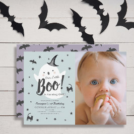 Little Boo Ghost Halloween Blauw 1e Verjaardag Fot Kaart