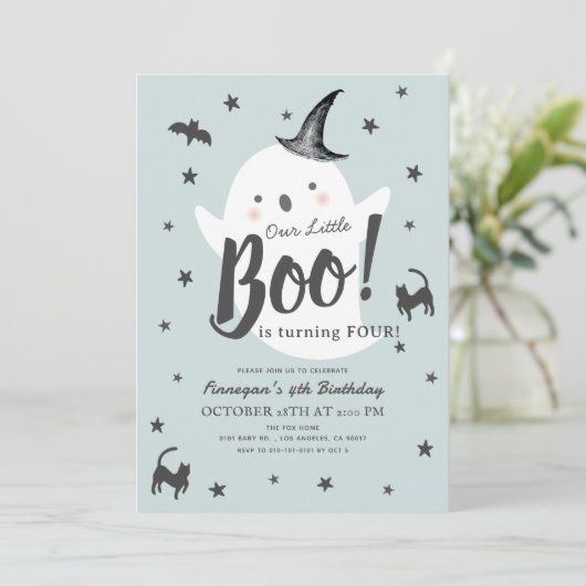 Little Boo Ghost Halloween Blue Boy Verjaardag Kaart (Staand voorkant)