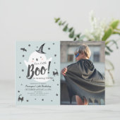Little Boo Ghost Halloween Blue Verjaardag Foto Kaart (Staand voorkant)
