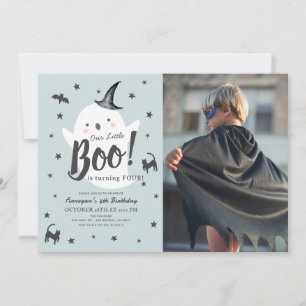 Little Boo Ghost Halloween Blue Verjaardag Foto Kaart