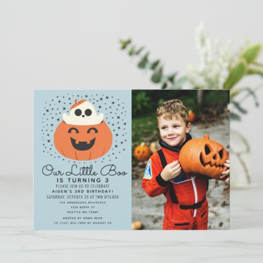 Little Boo Ghost Halloween Boys Verjaardagsfoto Kaart (Staand voorkant)