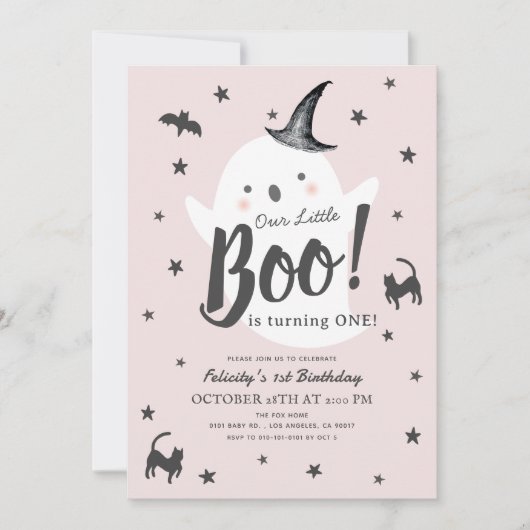 Little Boo Ghost Halloween Roze Meisje 1e Verjaard Kaart (Voorkant)
