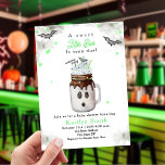 Little Boo Green Halloween Baby shower Milkshake Kaart<br><div class="desc">Sweet little boo ghost girl baby shower thema met waterverf illustratie van een halloween thema mason jar ghost milkshake overgoten met groene sprinkles,  vleermuis,  en "Welcome baby" topper met groen stro. Border beschikt over grijze waterverf design,  groene confetti en vleermuizen.</div>