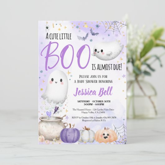 Little Boo Halloween Baby shower Paarse Kaart (Staand voorkant)
