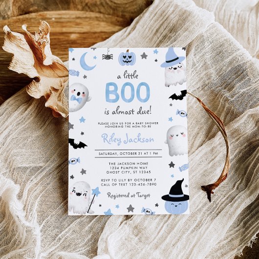 Little Boo Halloween Blue Ghost Baby shower Kaart