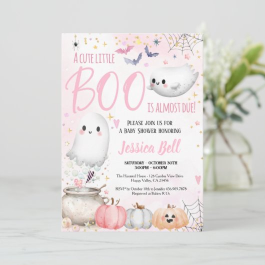 Little Boo Halloween Girl Baby shower Roze Kaart (Staand voorkant)