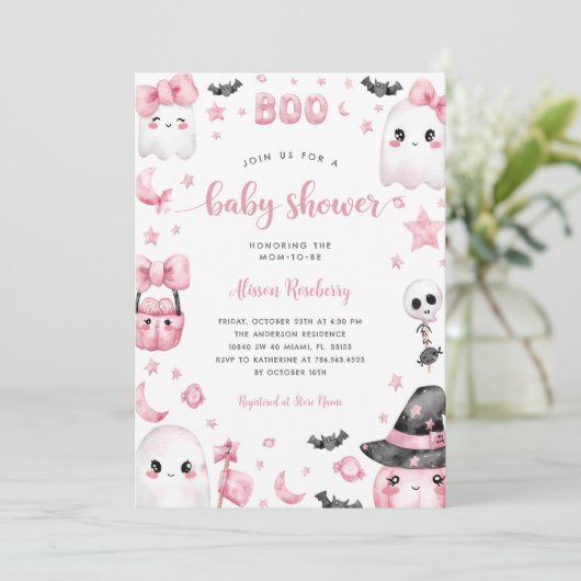 Little Boo Halloween Pink Ghost Baby shower Kaart (Staand voorkant)