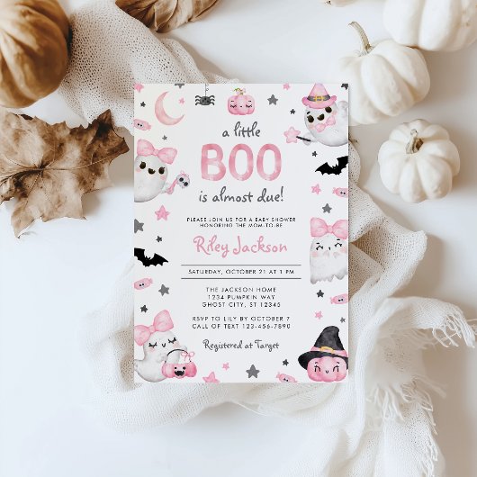 Little Boo Halloween Pink Ghost Baby shower Kaart