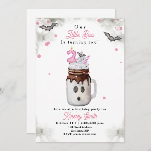 Little Boo is Twee Ghost Milkshake Roze Verjaardag Kaart (Voorkant / Achterkant)