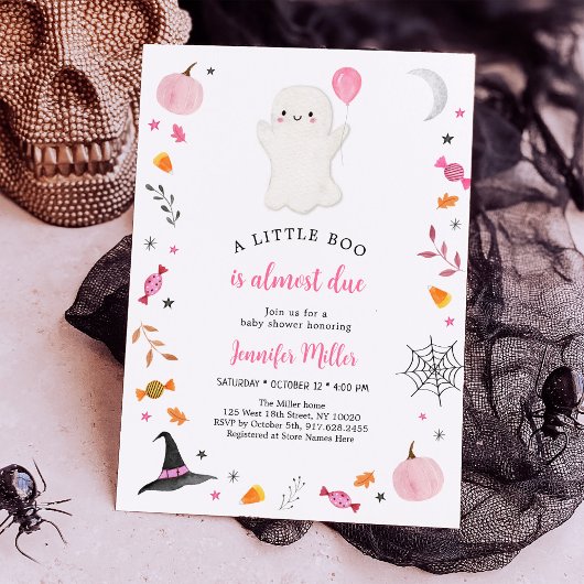Little Boo Pink Ghost Halloween Baby shower Kaart