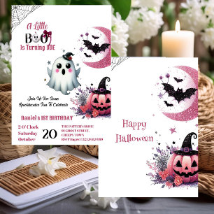 Little Boo Pink Jack Half Moon Ghost 1st Birthday Kaart