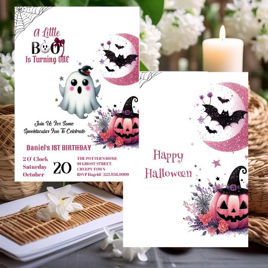 Little Boo Pink Jack Half Moon Ghost 1st Birthday Kaart
