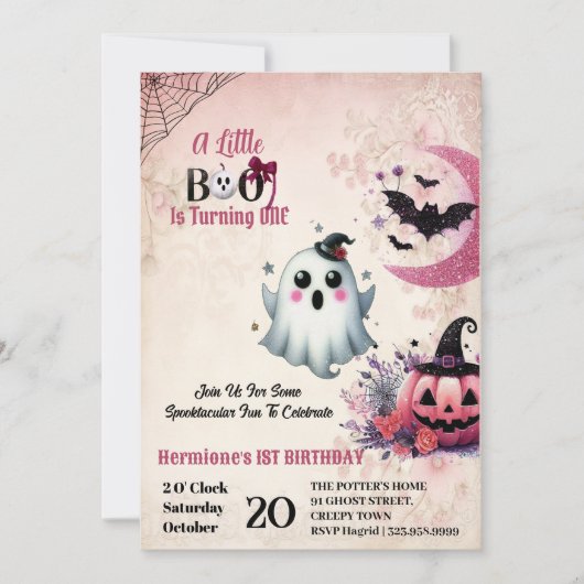 Little Boo Pink Jack Halloween Ghost 1st Birthday Kaart (Voorkant)