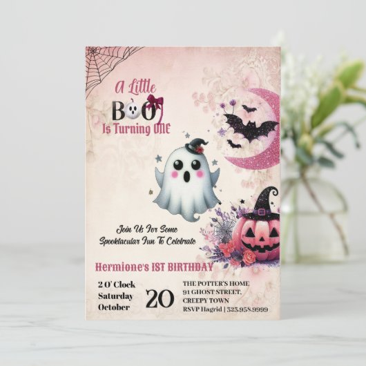Little Boo Pink Jack Halloween Ghost 1st Birthday Kaart (Staand voorkant)