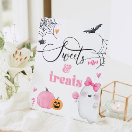 Little Boo roze geest Halloween snoepjes en lekker Reclamebord Met Voetstuk