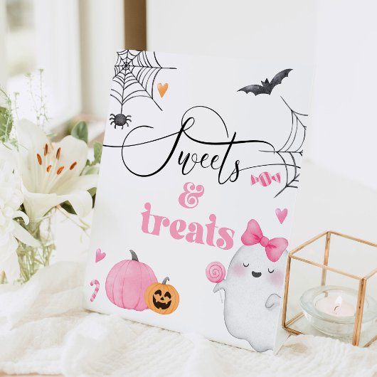 Little Boo roze geest Halloween snoepjes en lekker Reclamebord Met Voetstuk