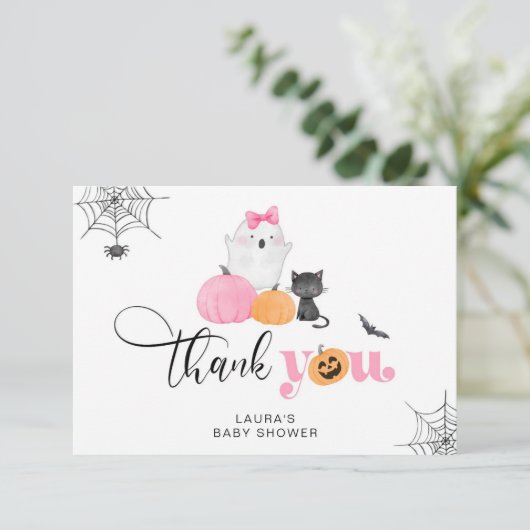 Little Boo roze spooky baby shower dank u kaart (Staand voorkant)