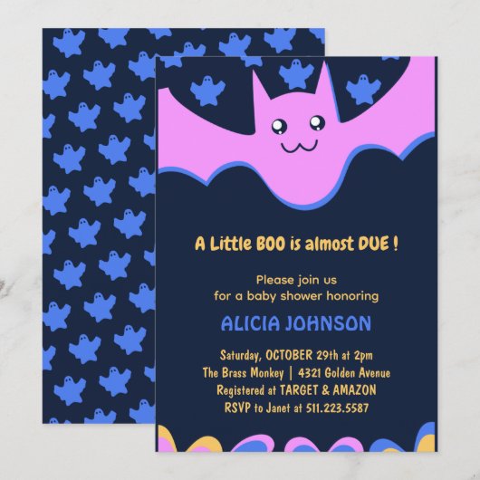 Little boo schattig vleermuis roze halloween baby kaart (Voorkant / Achterkant)