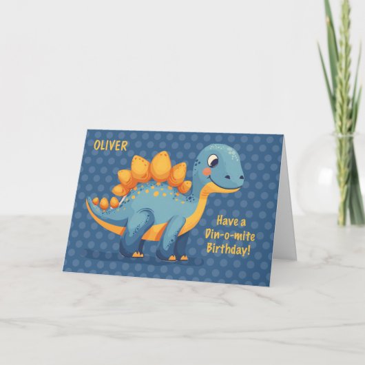 Little Boy Aangepaste Naam Verjaardag Dinosaur Din Kaart (Voorkant)