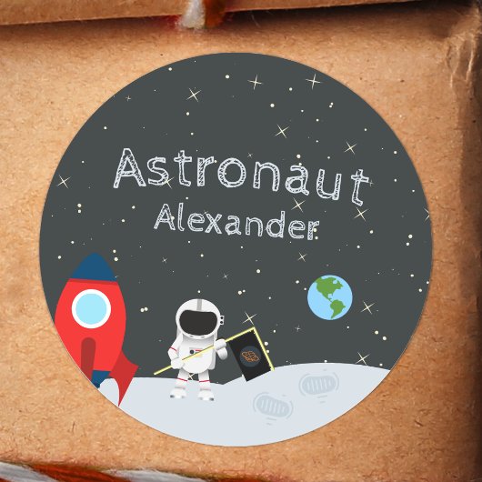 Little Boy Astronaut on Moon, First Name Space Ronde Sticker