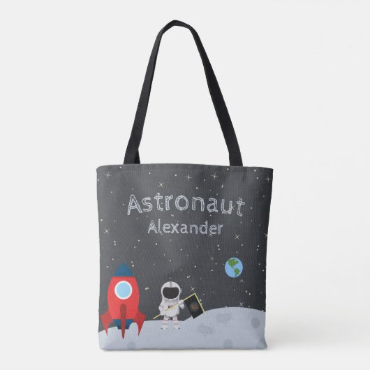 Little Boy Astronaut on Moon, First Name Space Tote Bag (Achterkant)