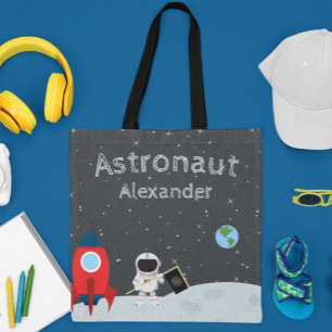 Little Boy Astronaut on Moon, First Name Space Tote Bag