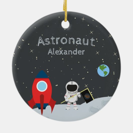 Little Boy Astronaut on Moon, Name Space Kerstmis Keramisch Ornament (Achterkant)