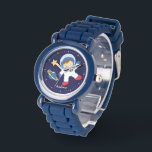Little Boy Astronaut Personalized Horloge<br><div class="desc">Dit leuke horloge kenmerkt een zoete vectorillustratie van een jongen astronaut,  een gele ster,  en een blauwe planeet op een donkerblauwe achtergrond en kan gepersonaliseerd worden met de naam van je kind,  het monogram,  het initiaal,  of een tekst van je keuze voor een perfect aangepast cadeau.</div>