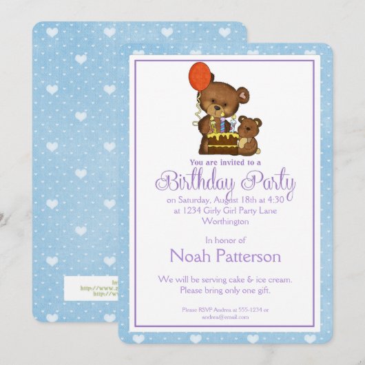Little Boy Birthday Party Invitation Teddy Bear 1 Kaart (Voorkant / Achterkant)