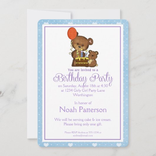 Little Boy Birthday Party Invitation Teddy Bear 1 Kaart (Voorkant)