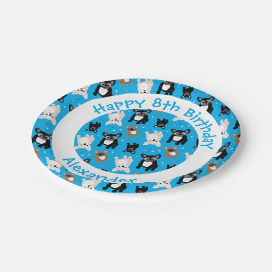 Little Boy Blue French Bulldogs Birthday Cake Papieren Bordje (Gekanteld)