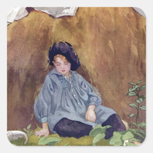 Little Boy Blue Slapen Onder de hooiwagen Vierkante Sticker (Voorkant)