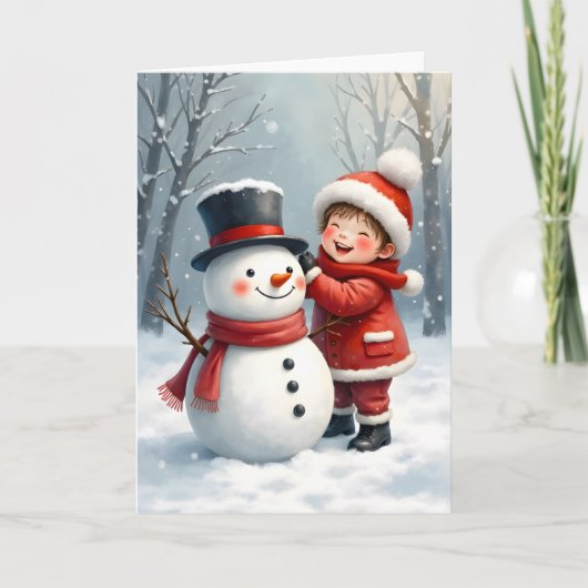 Little Boy Building a Snowman Blank Christmas Kaart (Voorkant)