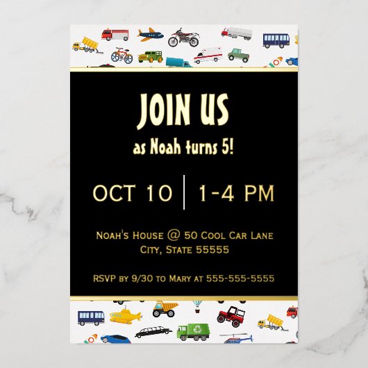 Little Boy Cars Vehicle Kind Birthday Party Gold Folie Uitnodiging (Voorkant)