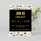 Little Boy Cars Vehicle Kind Birthday Party Gold Folie Uitnodiging (Staand Voorkant)