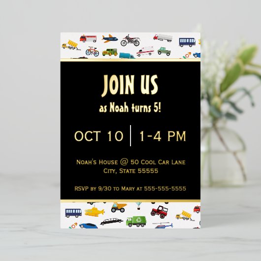 Little Boy Cars Vehicle Kind Birthday Party Gold Folie Uitnodiging (Staand Voorkant)